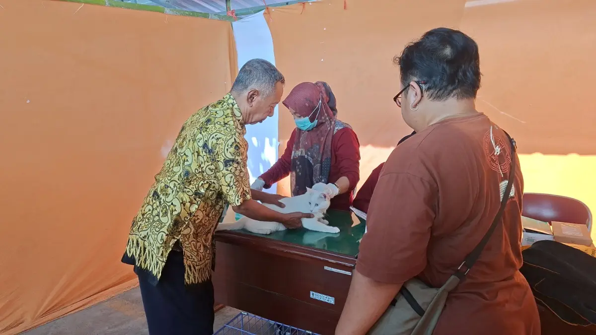 CEGAH RABIES: Petugas DKPP Pacitan memberikan vaksin rabies kepada hewan peliharaan di Kantor DKPP, Kamis (24/9), untuk mempertahankan status daerah bebas rabies.