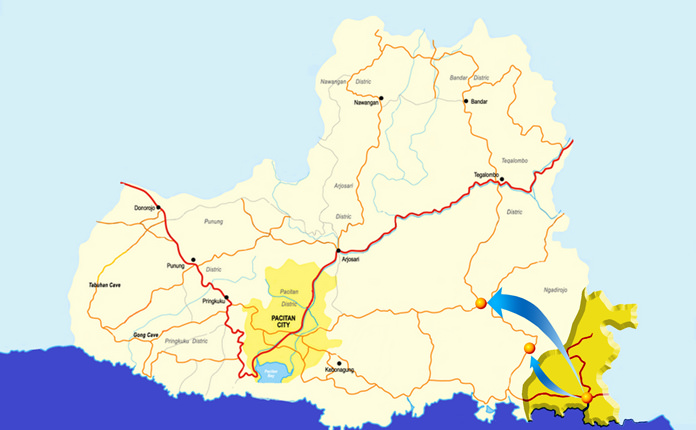 PETA LOKASI: Proyek pembangunan Waduk Wonodadi bakal dilakukan review oleh Pemkab Pacitan. (DOK RADAR MADIUN)