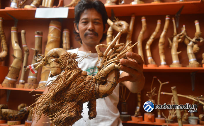 UNIK: Sulardi Warno memamerkan salah satu koleksi bambu unik yang ada di rumahnya.  (DILA RAHMATIKA/RADAR PONOROGO)