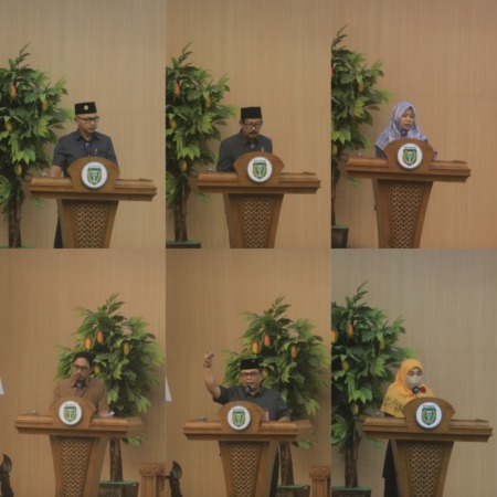 WAKIL RAKYAT: Para jubir fraksi-fraksi DPRD Kota Madiun saat menyampaikan pemandangan umum tentang raperda APBD-P 2022 kemarin (11/8). (BAGAS BIMANTARA/RADAR MADIUN)
