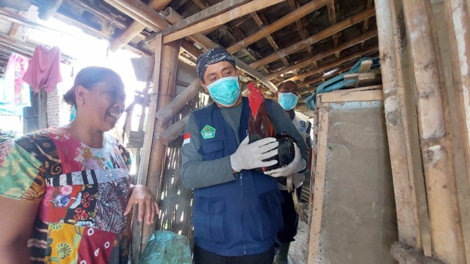 PERIKSA: Petugas DKPP saat mengecek kondisi unggas di Desa Ngengor, Pilangkenceng, beberapa waktu lalu. (BAGUS RAHADI/JAWA POS RADAR MADIUN)