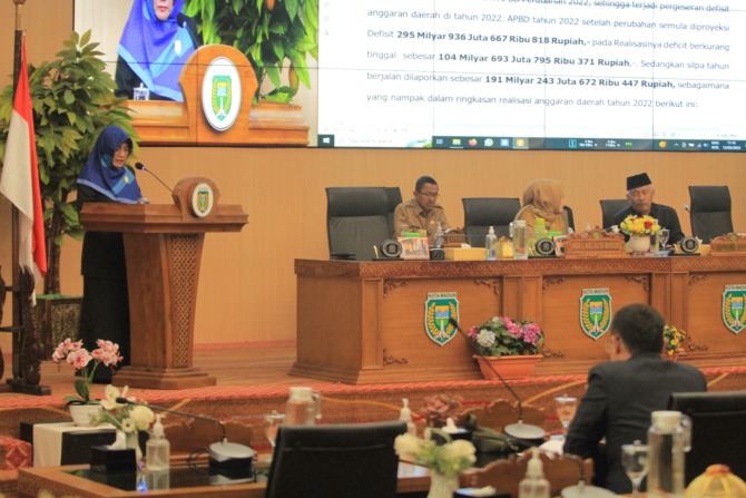 KUORUM : Juru bicara fraksi menyampaikan pandangan umum dalam  rapat paripurna atas raperda tentang LPj pelaksanaan APBD 2022 kemarin (15/5). (BAGAS BIMANTARA/JAWA POS RADAR MADIUN)