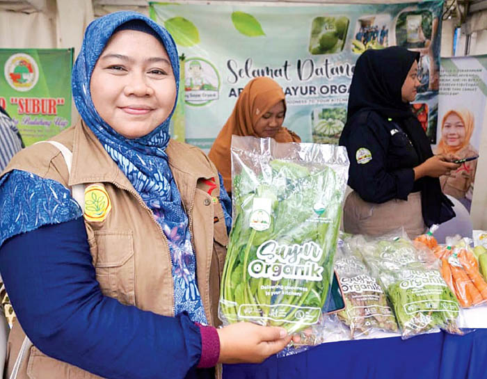 Diyah Rahmawati menunjukkan sayuran organik yang disuguhkan setiap ada kunjungan di Kelurahan Cemorokandang, Kecamatan Kedungkandang.