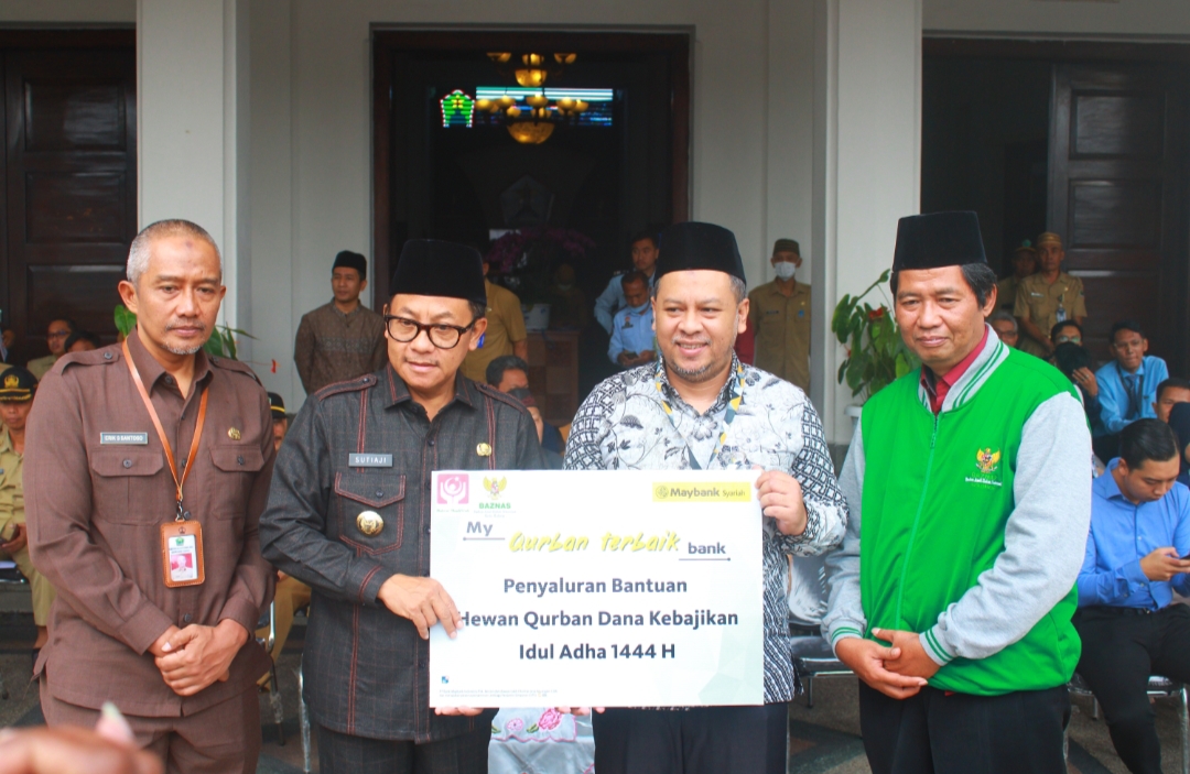 BERBAGI KEBAIKAN: Maybank Indonesia KCS Malang menyerahkan bantuan hewan kurban kepada Baznas Kota Malang dan Yayasan BMCI yang secara simbolis diterima oleh Wali Kota Malang  Drs H Sutiaji