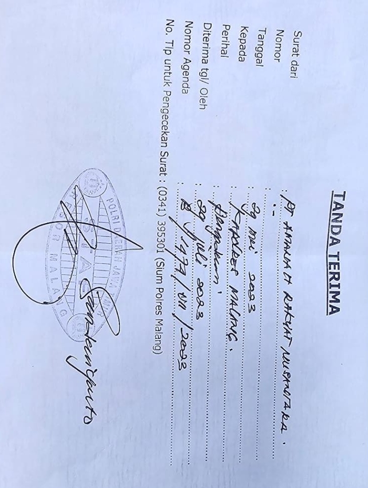 Bukti laporan PT ARN ke Polres Malang tentang penyegelan sepihak proyek pembangunan RS ITN