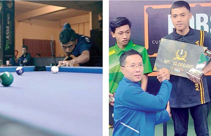 Rifqi Mubarok berancang-ancang membidik bola di meja biliar, 15 Agustus lalu. Foto kanan, Rifqi Mubarok menerima medali juara POBSI Cup Pelajar dan Mahasiswa 2023.