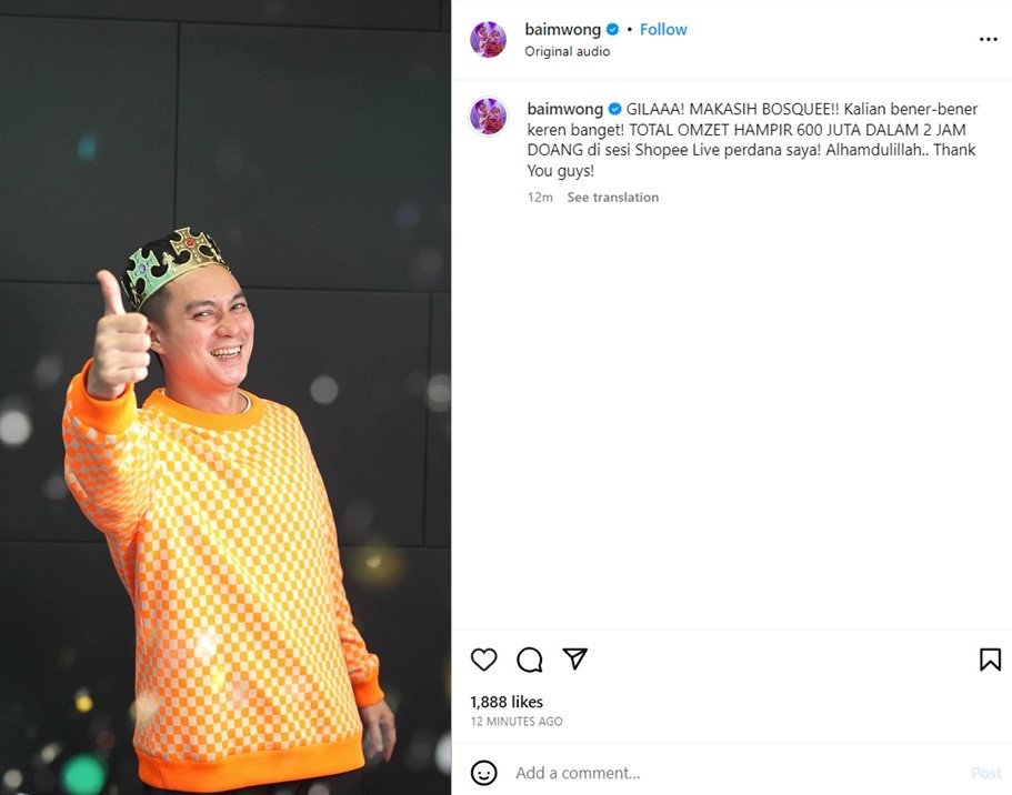 Tangkapan layar IG Baim Wong