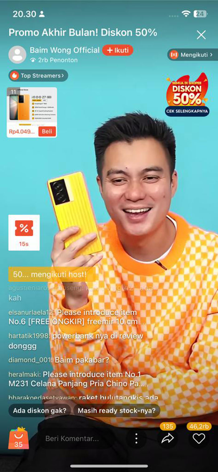 Tangkapan layar sesi Shopee Live Baim Wong