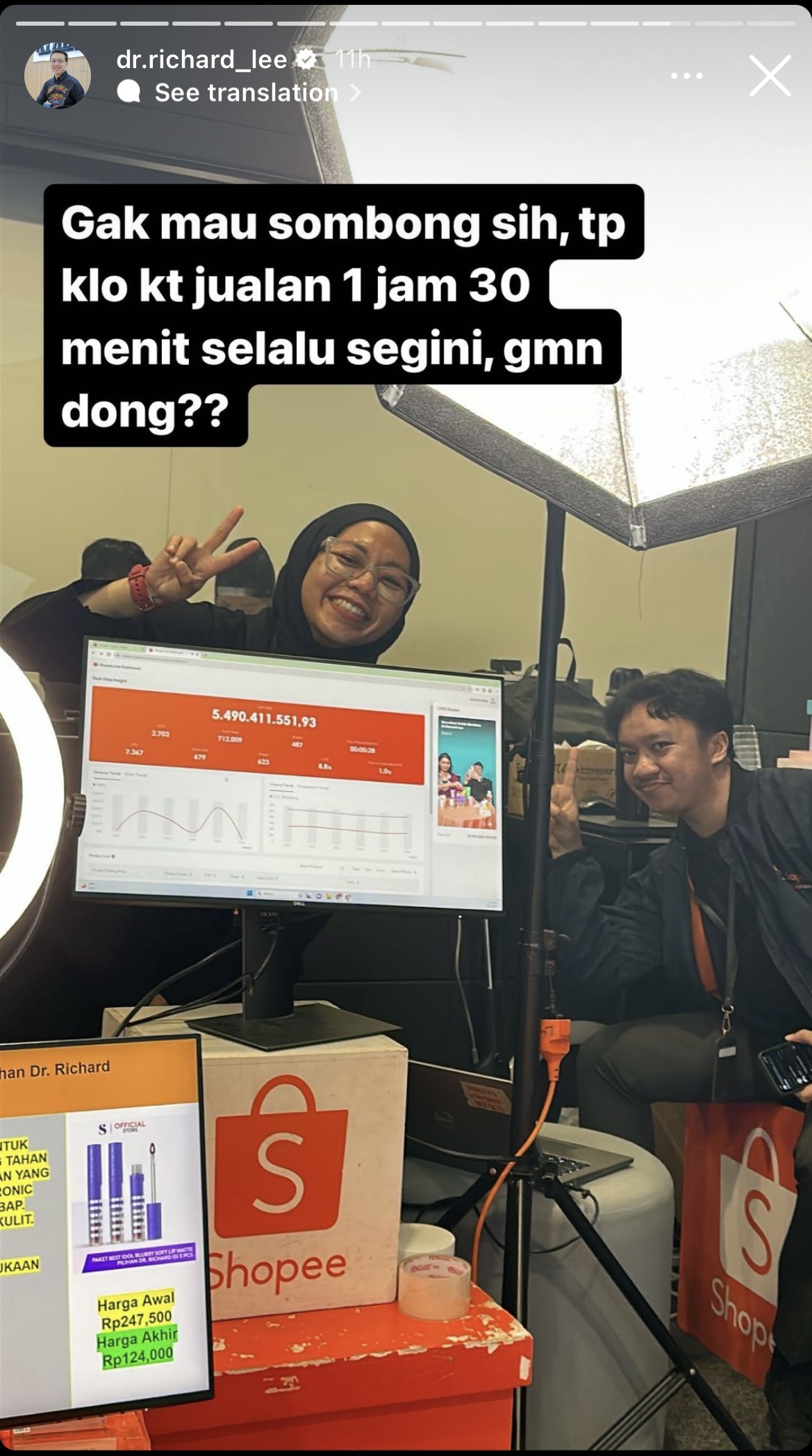status Instagram dr Richard Lee soal capaian omset dari Shopee Live