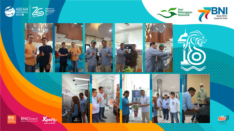 Pemimpin BNI Wilayah 18 Muhamad Jauhary bersama Jajaran Area Head mengajak nasabah untuk menggunakan mesin DIGI CS, SPRINT dan Pembukaan Rekening melalui BNI Mobile Banking di Hari Pelanggan Nasional