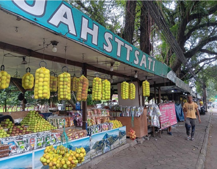 SEPI PEMBELI: Sentra penjualan buah apel dan produk oleh-oleh di kawasan Desa Banjararum, Kecamatan Singosari, kemarin (26/3).