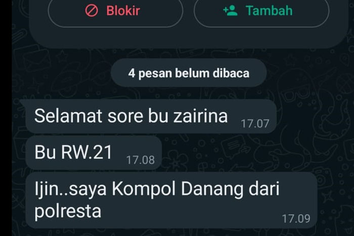 Tangkapan layar pelaku penipuan yang mengaku-ngaku sebagai Kasatreskrim Polresta Malang Kota Kompol Danang Yudanto