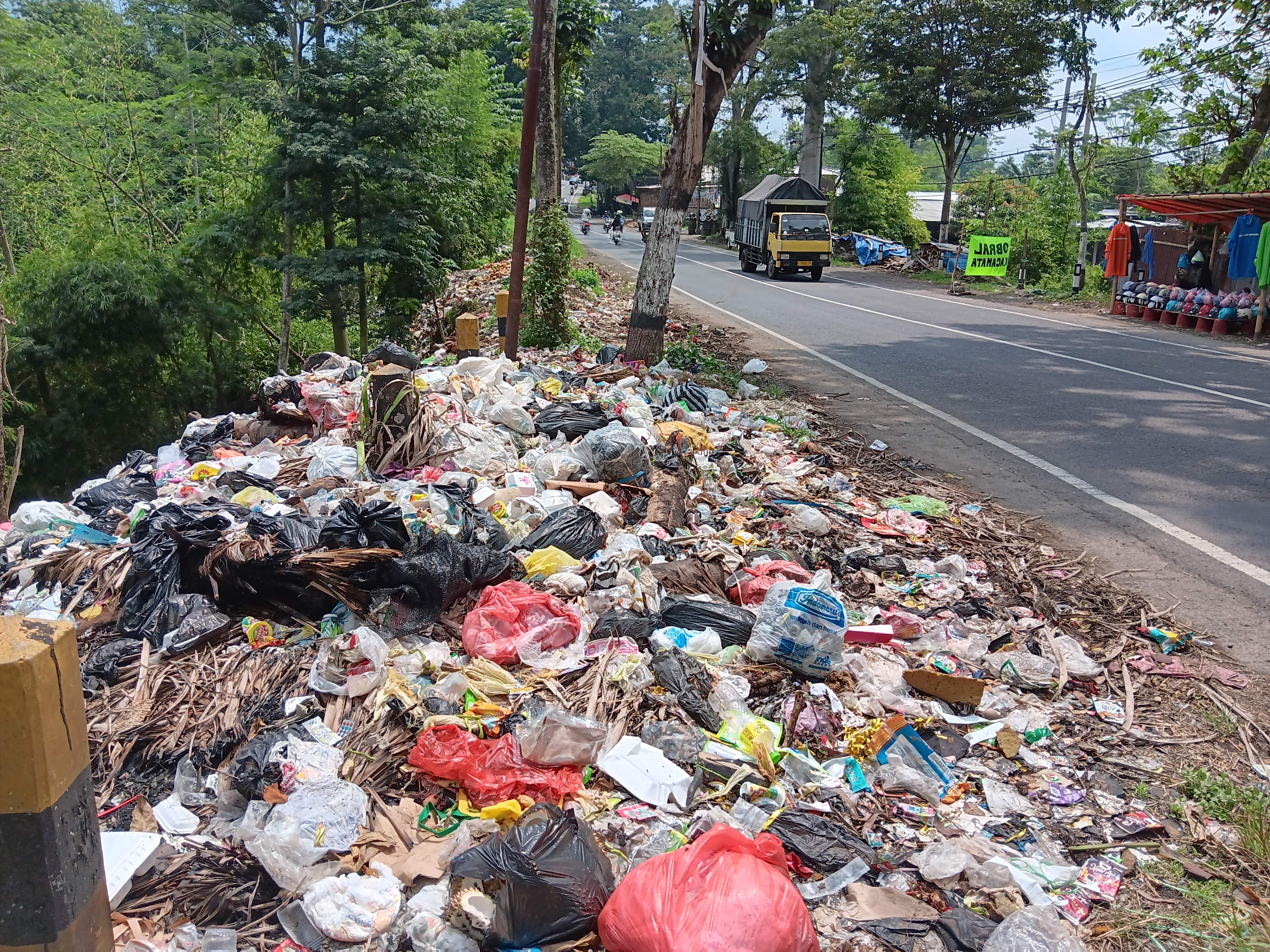 BUTUH ARMADA: Sampah menggunung di Jalan Raya Bululawang, Desa Wandanpuro, Kecamatan Bululawang, kemarin (22/4).