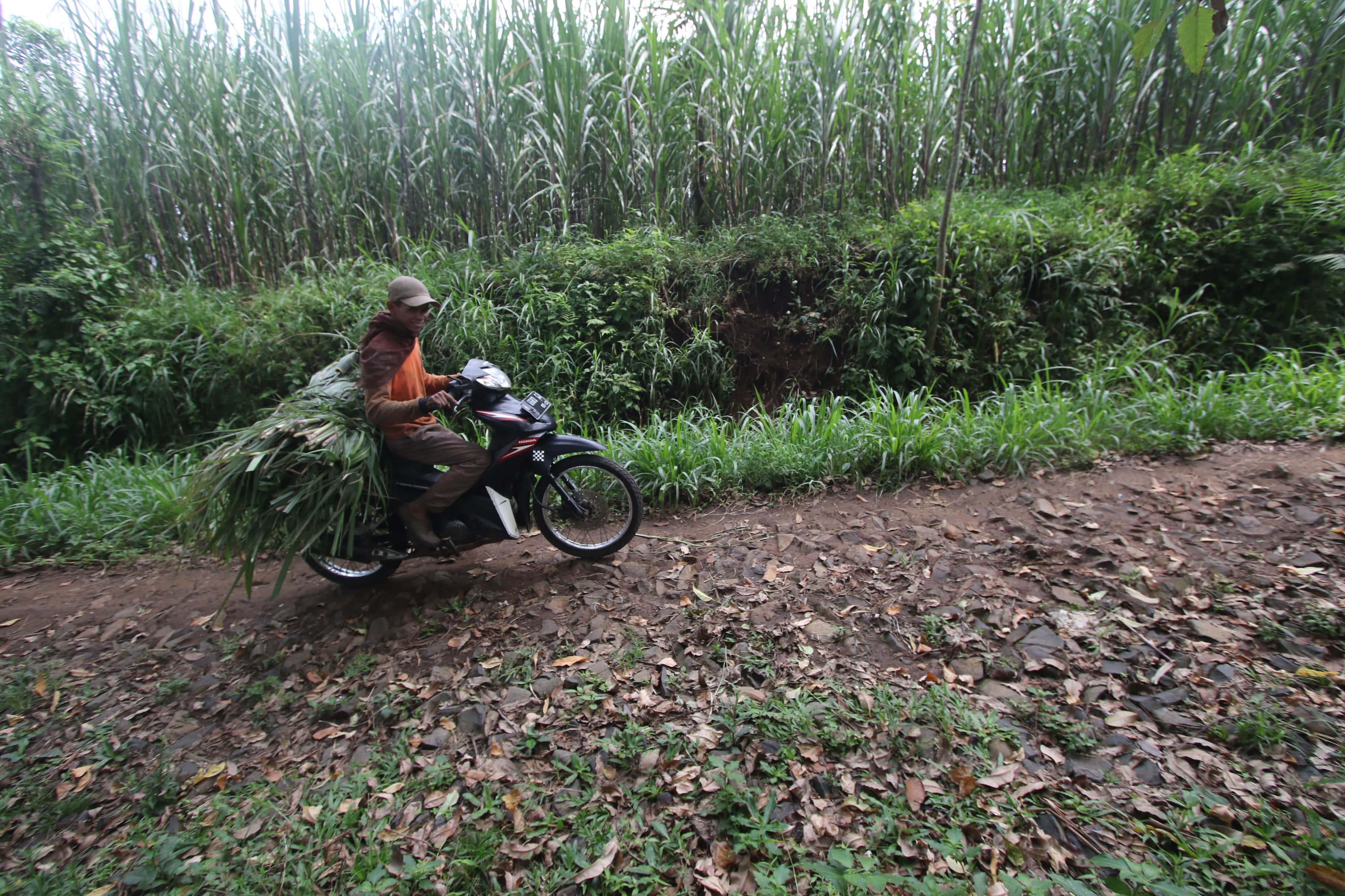 AKSES TERHAMBAT: Warga melintasi Jalan Pusung yang masih berupa bebatuan kemarin (23/4). Ketika hujan, medannya licin, sehingga membahayakan.