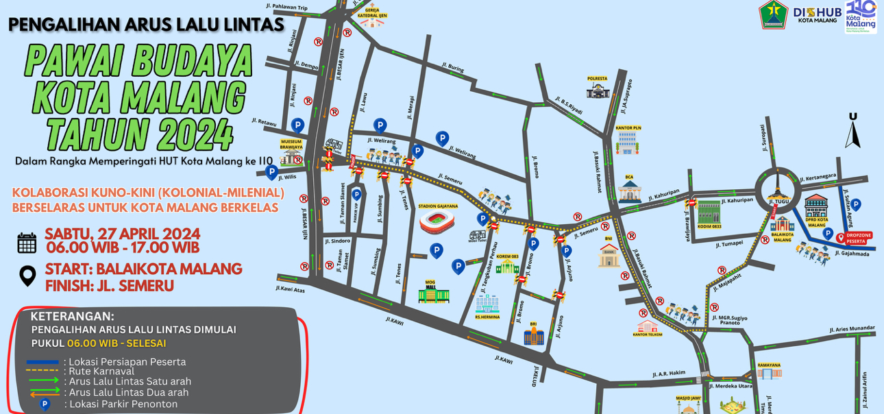 Rute Pawai Budaya Kota Malang, serta titik penutupan jalan