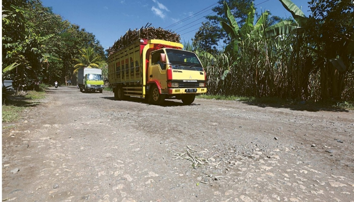 Truk pengangkut tebu melewati jalur Gondanglegi-Bantur yang rusak berat. Akses menuju wisata pantai di Malang selatan membutuhkan perbaikan.