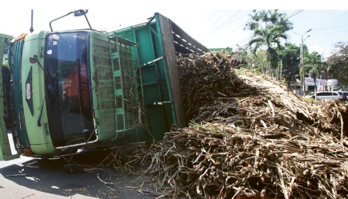 KELEBIHAN MUATAN: Truk bermuatan tebu terguling di Bundaran SMPN 5, Jalan Tumenggung Suryo, Kecamatan Klojen, Kota Malang, kemarin (8/7), sekitar pukul 12.50.