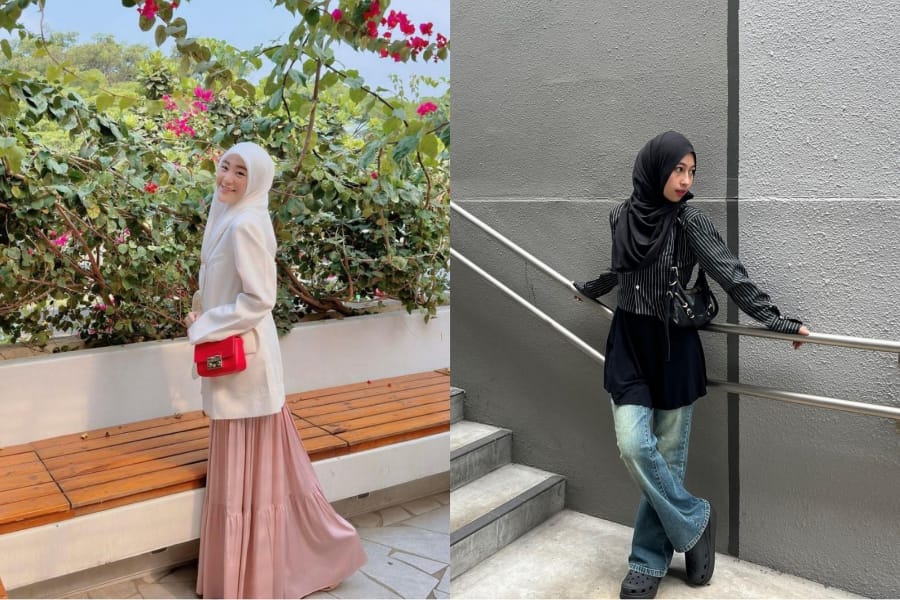 Inspirasi outfit hijab tetap stylish ala selebriti (Instagram @larissachou & @adiba.knza)
