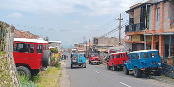 MENUNGGU WISATAWAN: Deretan jeep mangkal di Jalan Raya Desa Wringinanom, Kecamatan Poncokusumo, Jumat lalu (19/7).