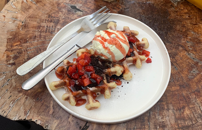 Waffle dengan topping buah dan es krim.