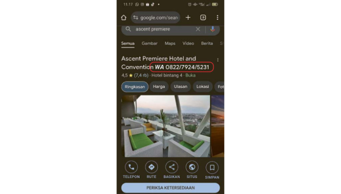 SEDANG MARAK: Informasi tentang Ascent Premiere Hotel di Google sempat disisipi nomor WhatsApp oleh peretas.