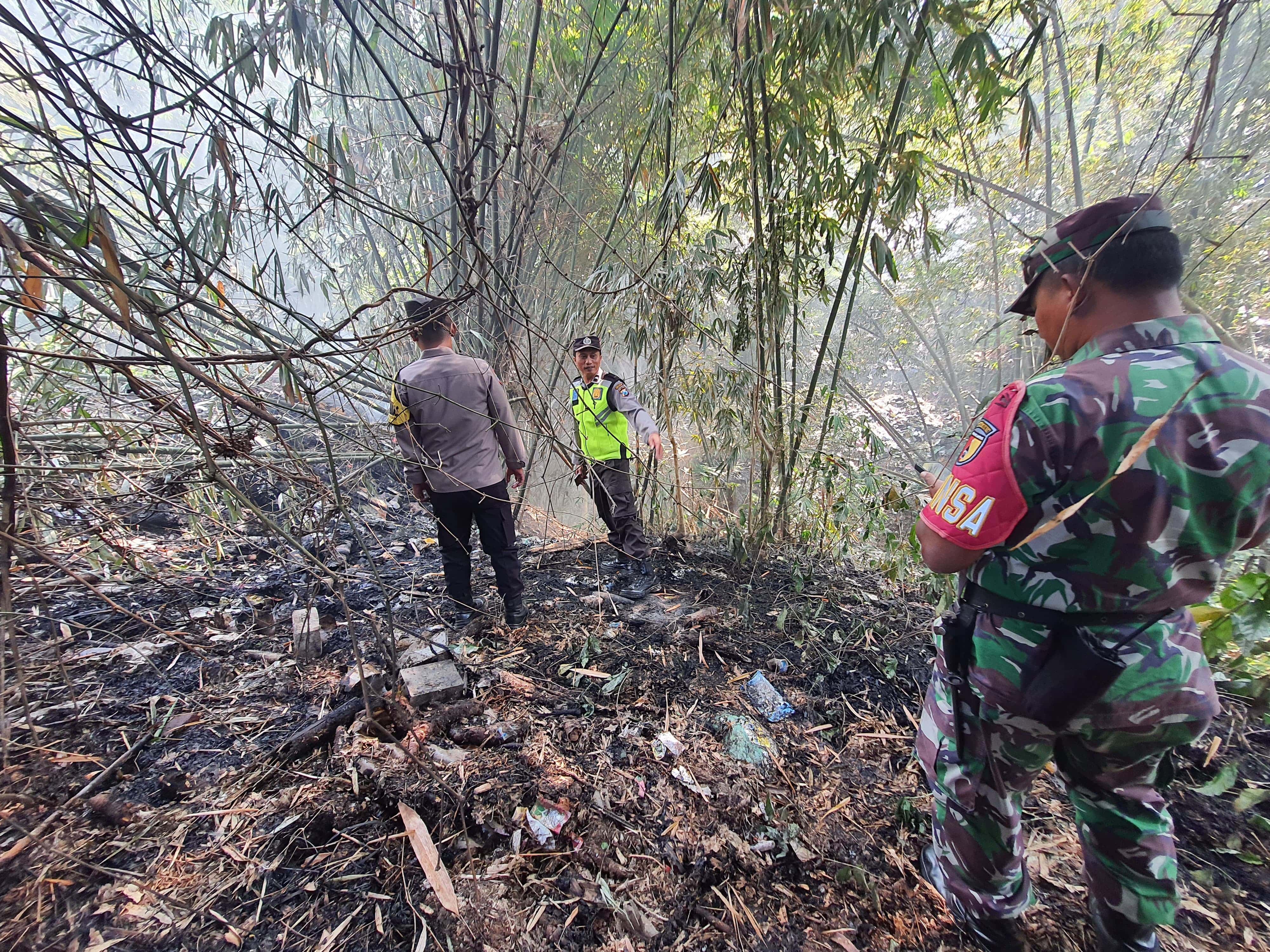 HANGUS: Aparat kepolisian dan TNI meninjau lahan bambu yang mengalami kebakaran kemarin (21/8).