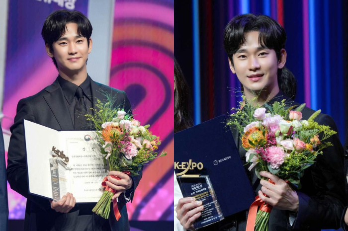 Potret Kim Soo Hyun saat terima penghargaan di Newsis K-Expo 2024. (X @soohyunupdates)