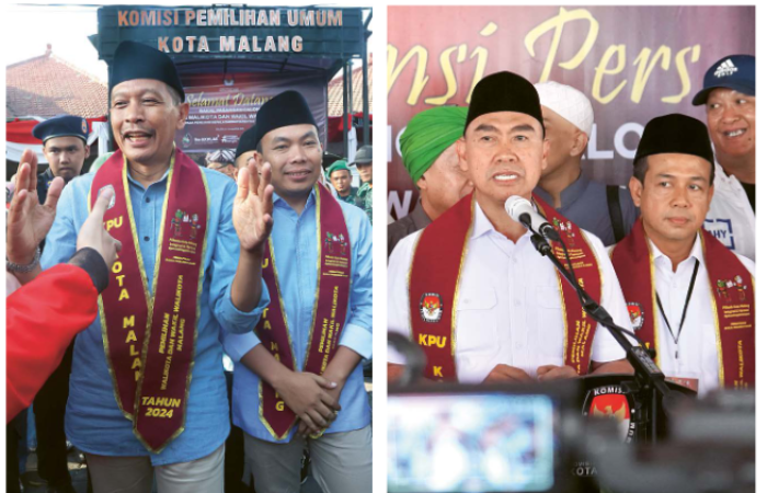 BERSAING: Dari kiri, paslon Wahyu Hidayat - Ali Muthohirin (Wali) dan Abah Anton - Dimyati Ayatullah (Abadi) mendaftar ke Komisi pemilihan Umum (KpU) Kota Malang kemarin (28/8)
