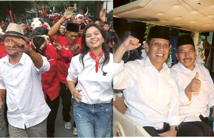 CERIA: heri cahyono dan Ganis Rumpoko berjalan menuju KpU Kota Malang diantar simpatisan dan kader pdip. Foto kanan, Gunawan Wibisono dan Umar Usman diarak menggunakan kereta kencana menuju KpU Kabupa