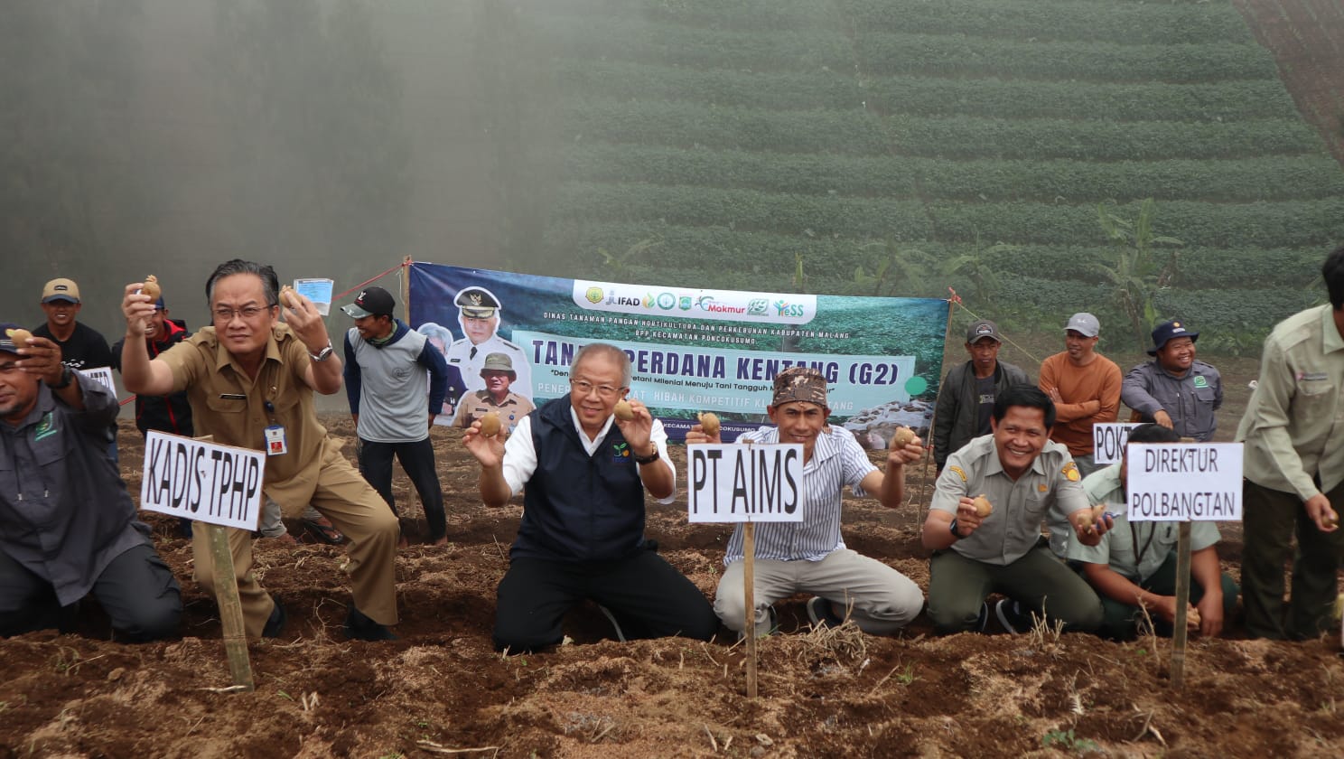 PANEN RAYA: Kepala DTPHP Kabupaten Malang Avicena Sani Putera (dua dari kiri) bersama petani kentang di Desa Ngadas, Poncokusumo.