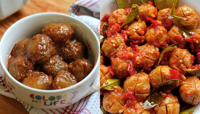 Pentol dengan saus kacang dan sambal.