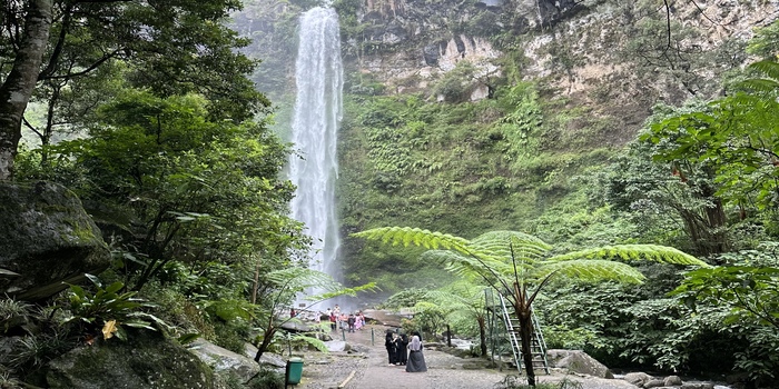 Air terjun Coban Rondo yang mengalir deras dari puncak ketinggian