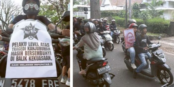 TERUS BERJUANG: Arek Malang dan keluarga korban tragedi Kanjuruhan menggelar konvoi memperingati dua tahun tragedi Kanjuruhan, kemarin.