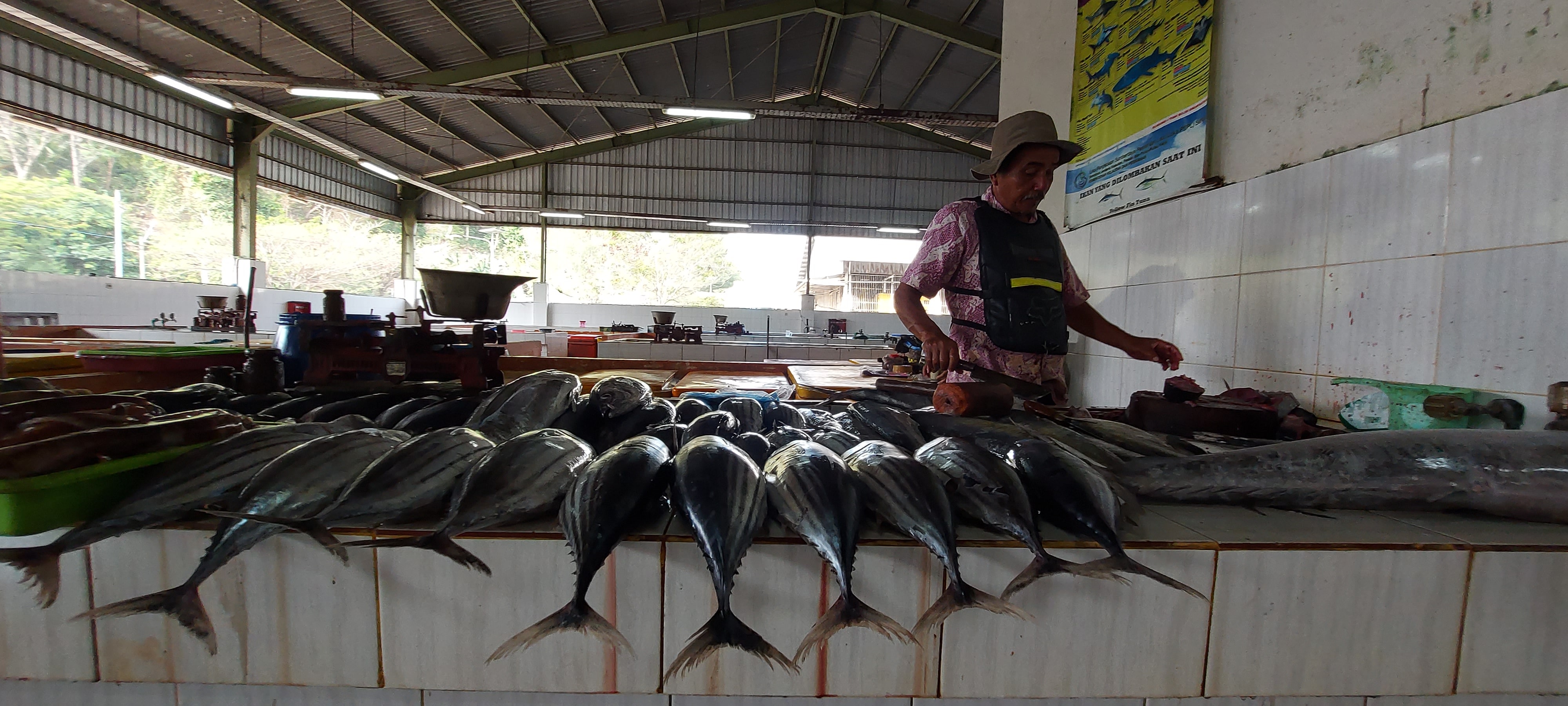 MELIMPAH: Seorang pedagang di Kios Ikan Nelayan area Pondokdadap, Sumbermanjing Wetan menata ikan agar berjajar di lapak kemarin.