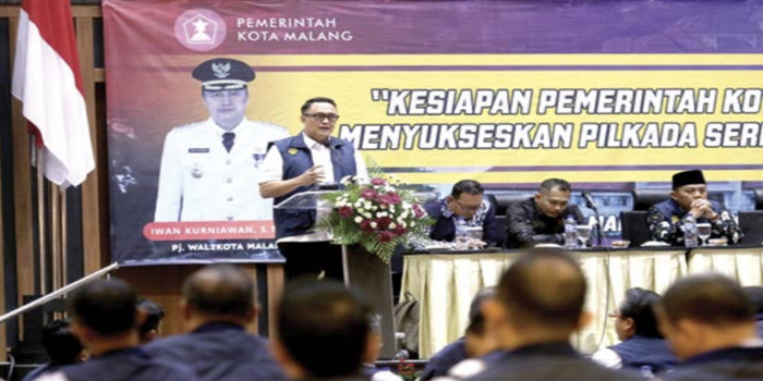 SUSUN RENCANA: Pj Wali Kota Malang Iwan Kurniawan menyampaikan beberapa pesan untuk menyukseskan Pilkada 2024 kemarin.