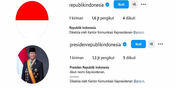 Akun instagram resmi republik indonesia dan akun resmi presiden republik indonesia ( instagram @republikindonesia dan @presidenrepublikindonesia)