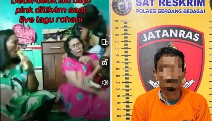 Tangkapan layar istri ditusuk suami saat karaoke live Facebook di Serdang Bedagai, kolase kanan foto tersangka ditangkap Satreskrim Polres Serdang Bedagai