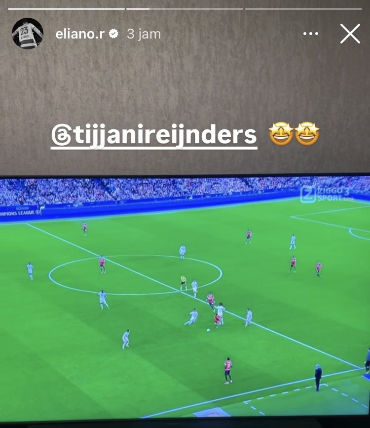 Tangkapan layar cerita Instagram Eliano Reijnders mendukung sang kakak saat AC Milan membantai Real Madrid. (Instagram Eliano Reijnders)