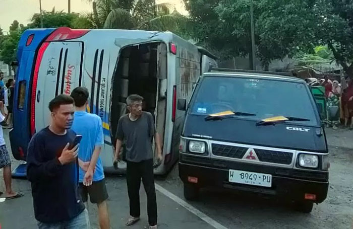 Bus Sugeng Rahayu yang terguling di Sidoarjo