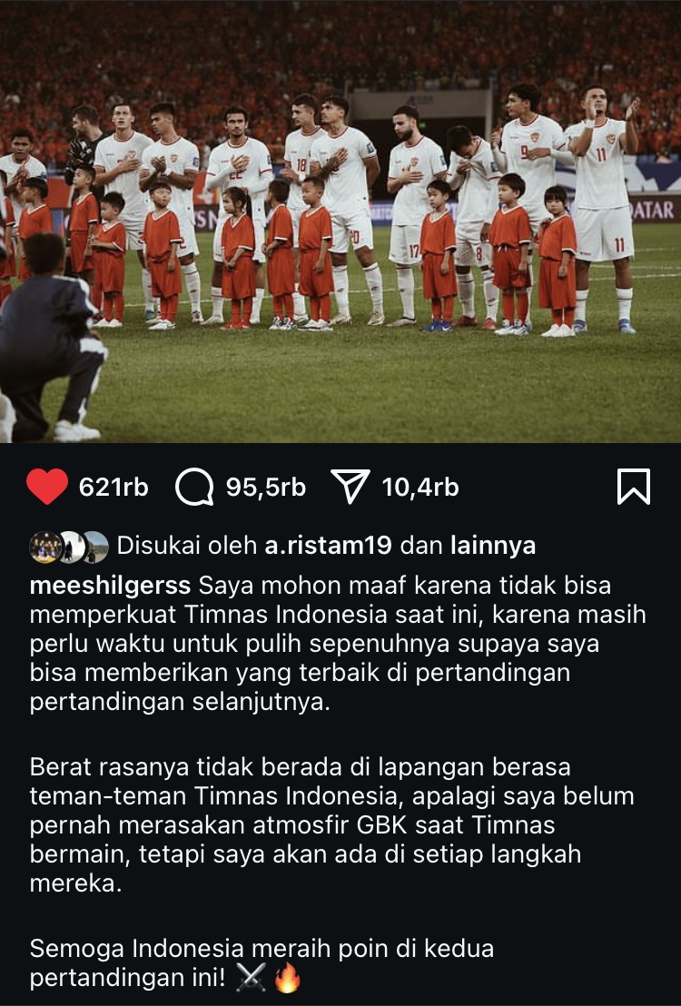 Postingan permohonan maaf Mees Hilgers di Instagram.