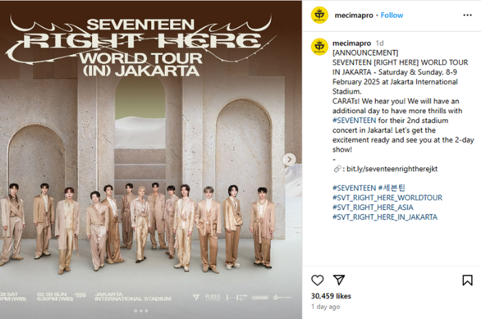 Pengumuman penambahan hari untuk konser SEVENTEEN di JIS (Instagram Mecimapro).