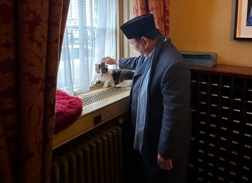 Prabowo Subianto, Presiden RI mengelus Larry, kucing ikonik Perdana Menteri Inggris. Prabowo juga dikenal sebagai pecinta kucing dan memiliki peliharaan kesayangan, Bobby Kertanegara