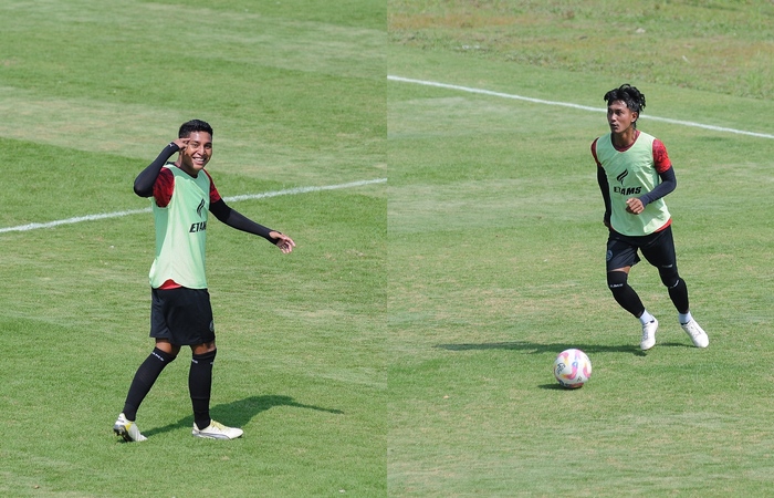 TAMBAHAN AMUNISI: Jhon Alfarizi (kanan) dan Salim Tuharea menjalani internal game di Lapangan Wonoayu, Wajak, pekan lalu