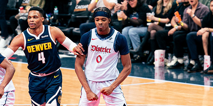 Selebrasi Bilal Coulibaly saat berhadapan dengan Denver Nuggets pada Minggu (8/12) WIB.