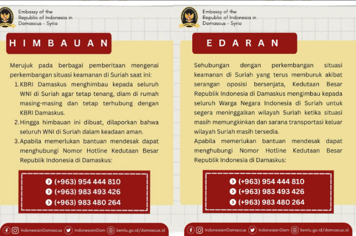 Himbauan dan edaran yang disampaikan oleh Kedutaan Besar Republik Indonesia di Damaskus (Instagram KBRI Damaskus).
