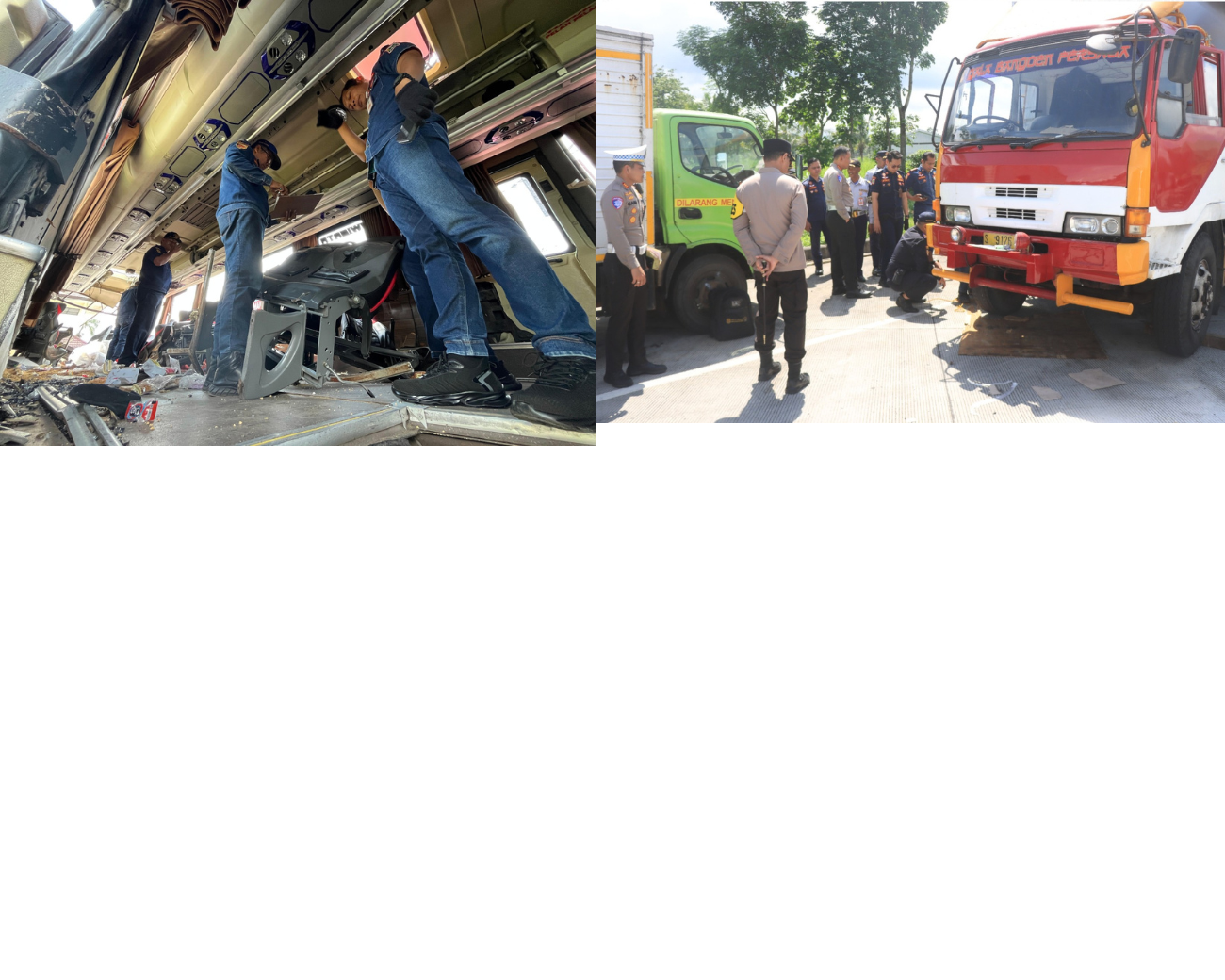 DETAIL: Tim dari Kementerian perhubungan melakukan ramp check terhadap bus pengangkut rombongan wisata SMP IT Darul Qur&rsquo;an Mulia putri, Bogor (kiri) dan truk pengangkut pakan ternak kemarin (24/12).