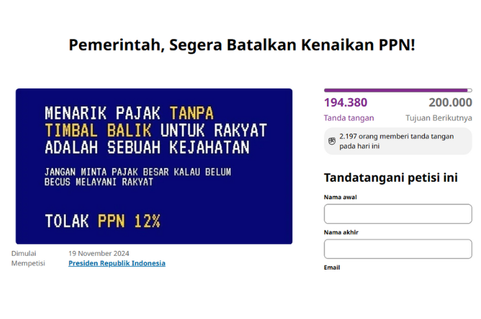 Petisi yang menuntut pembatalan kenaikan PPN 12 Persen (Change.org Bareng Warga).