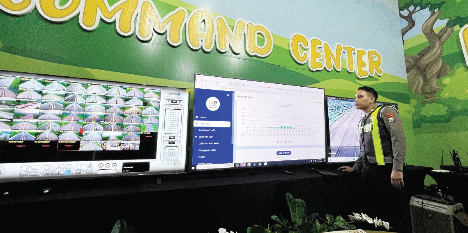 PATUHI RAMBU LALIN: Seorang petugas mengawasi arus lalu lintas dari layar di ruang command center, Jumat lalu (11/1). SATLANTAS KABUPATEN MALANG FOR RADAR MALANG