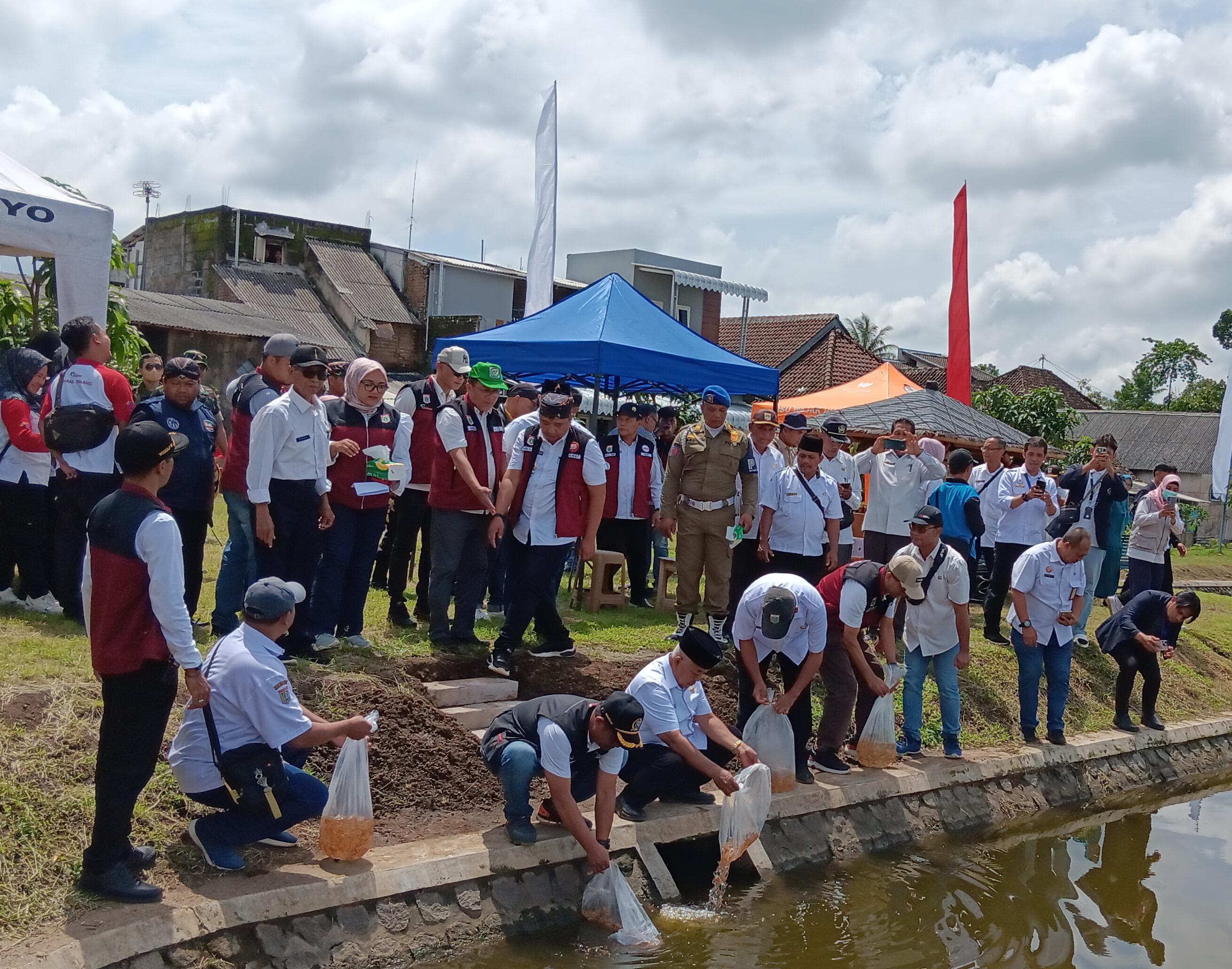 BUDI DAYA IKAN: Bupati Malang H M. Sanusi didampingi jajaran pejabat Pemkab Malang menebar bibit ikan nila di embung Desa Wonomulyo, Kecamatan Poncokusumo kemarin (15/1).