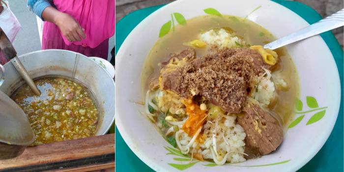 Potret Soto Pak Markeso (kiri) dan salah satu menunya, soto paru (kanan). (RAISYA SEKAR FOR RADAR MALANG)